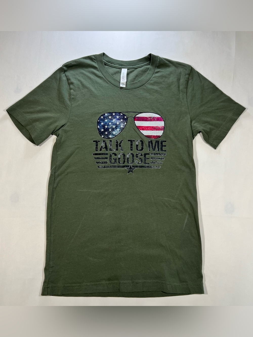 Top Gun Shirt Talk To Me Goose Aviator Sunglasses USA Flag Olive Green Tee Men S